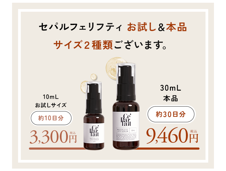 セパルフェリフティ10mLお試しサイズ約10日分＆本品30mL約１ヶ月分のサイズ２種類ございます。